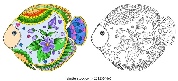 Sea fish with flowers and a doodle pattern on a white background. Anti-stress coloring book for children and adults. Decorative insulated element for design