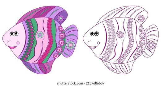 Pescado marino con flores y un patrón de doodle sobre fondo blanco. Libro de colorantes antiestrés para niños 