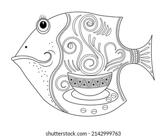 Sea fish with flowers and a doodle pattern on a white background. Anti-stress coloring book for children and adults. Decorative element for design