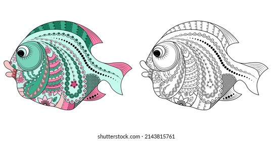 Sea fish with flowers and a doodle pattern on a white background. Anti-stress coloring book for children and adults. Decorative element for design