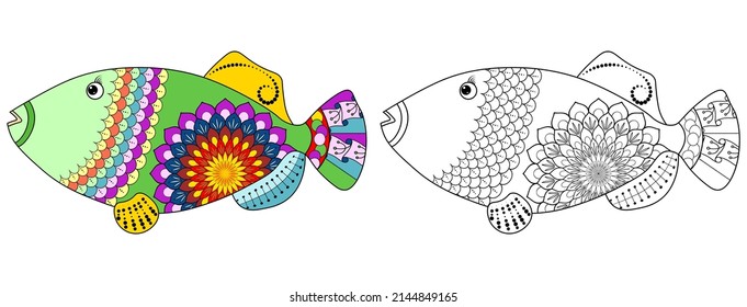 Sea fish with flowers and a doodle pattern on a white background. Anti-stress coloring book for children and adults. Decorative element for design