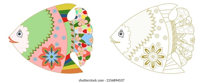 Seefische mit Blumen und ein doodles Muster auf weißem Hintergrund. Anti-Stress-Farbbuch für Kinder und Erwachsene. Dekoratives Element für Design