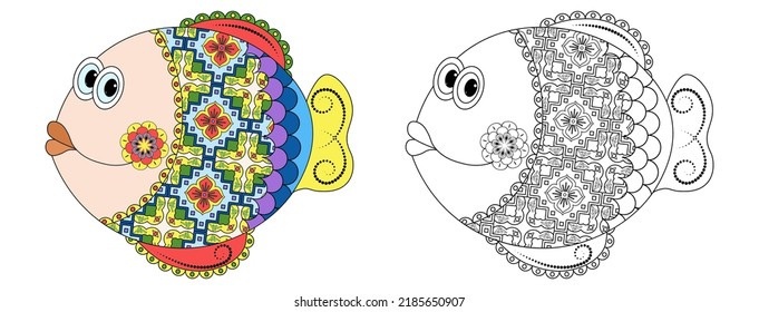 Pescado marino con flores y un patrón de doodle sobre fondo blanco. Libro de colorantes antiestrés para niños y adultos. Elemento decorativo para el diseño