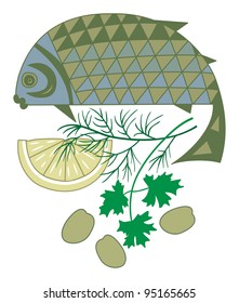 sea fish with greens, lemon and olives