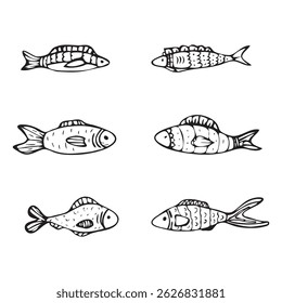 Sea fish hand drawn elements,  linear set