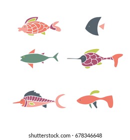 Sea fish. Hand drawn vector set. Cute cartoon animals. 