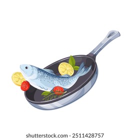 Sea fish, herbs and vegetables falling to cartoon pan. Fresh bream, seabass or trout frying in skillet with tomato and lemon slices. Cooking mascot, cartoon gourmet seafood pan vector illustration