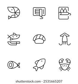 Sea Fish icon, Seafood vector set design with Editable Stroke. Line, Solid, Flat Line, thin style and Suitable for Web Page, Mobile App, UI, UX design.