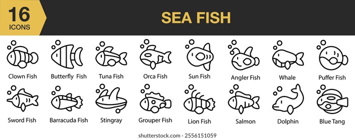 Sea Fish icon set. Includes orca, sun, angler, whale, puffer, lion, salmon, dolphin, and More. Outline icons vector collection.