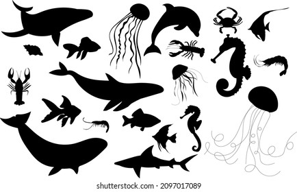 sea fish, jellyfish black isolated, vector