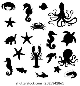 sea ​​creatures, fish, jellyfish, octopus set silhouette on white background vector