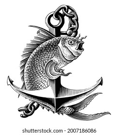 Sea fish jumping around anchor hand draw vintage engraving style black and white clip art isolated on white background