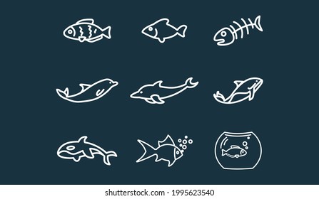 Sea fish line icon set with shark, dolphin, killer whale, aquarium fish. Sea fish line icon set with shark, dolphin, killer whale, aquarium fish