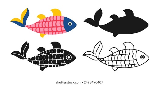 Icono lineal de pez de mar, conjunto de símbolos de dibujos animados abstractos. Estilizado folk colorido pescado infantil con adorno dibujado a mano. Signo de los peces de acuario en forma de silueta o dibujo de garabato. Ilustración vectorial gráfica plana