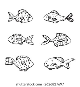 Conjunto linear de peixes marinhos, elementos desenhados à mão