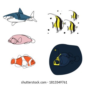 Sea fish in linear style. A set of different species. 