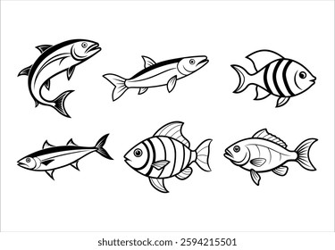  Sea fish liner art bundle set on white BG 
