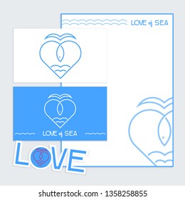 Sea Fish logo Brand indentity icon outline stroke tamplat set in heart shape isolated on blue background with text Love of Sea