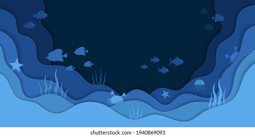 Sea fish. Ocean fish. Underwater world of aquarium, sea and ocean. Seabed with coral, reef and water animal. Undersea blue background for banner. Cut aquatic landscape for environment. Vector.