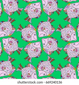 Sea fish on colored background. Funny fish vector characters. Colorful coral reef tropical fish Vector illustration.