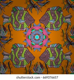 Sea fish on colored background. Vector seamless fish pattern. Vector illustration. Ocean or aquarium background.