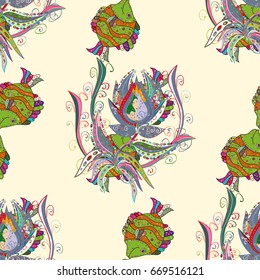 Sea fish on colored background. Ocean or aquarium background. Vector seamless fish pattern. Vector illustration.