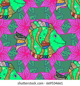 Sea fish on colored background. Ocean fish pattern. Vector illustration.