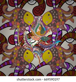 Sea fish on colored background. Funny fish vector characters. Colorful coral reef tropical fish Vector illustration.