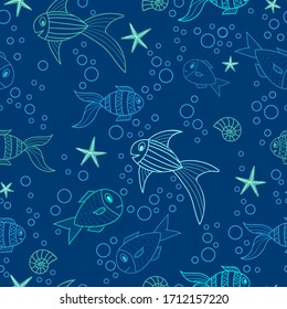 Pescado marino en un fondo oscuro. Patrón sin problemas.