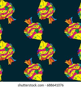 Sea fish on dark blue background. Seamless pattern from decorative fish. Vector illustration.