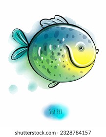 Sea fish on a white background, color art in the marine style. Aquarium fish, water, beach theme, exotic animals