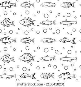 Sea fish outline sketch drawing seamless pattern, vector isolated print template, graphic aquarium underwater wallpaper, simple black flat style wrapping paper.