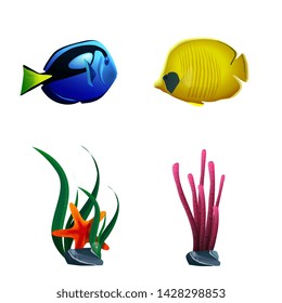 Sea fish and plants isolated on white background