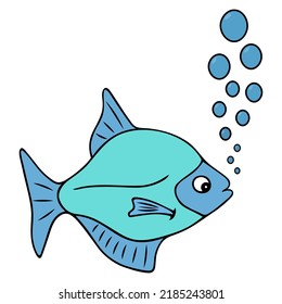 Sea fish releases bubbles. Blue inhabitant of the ocean and aquarium. Color vector illustration. Cartoon style. Exotic fish with tail and fins. Isolated background. Idea for web design.