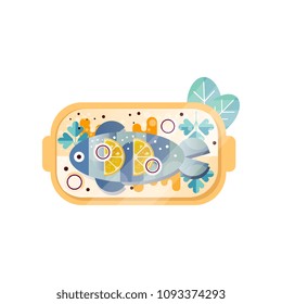 Sea fish with sauce, fresh lemon, parsley and onion rings on plate. Delicious meal from seafood. Abstract flat vector design with texture