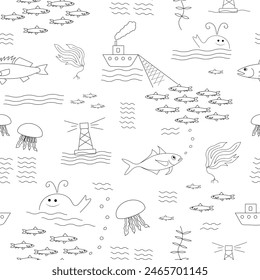 Sea fish (school of small fish, sea bass, mackerel), water plants, lightship, jellyfish, whale, Vector black outline doodle set. Seamless black line pattern.