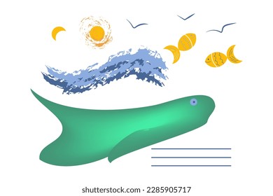 sea fish, seagulls, sea wave, sun. Design elements isolated on white background, for your design project
