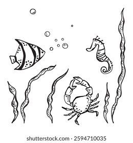 Sea fish, seahorse and crab in seaweed depicted in graphic black and white style