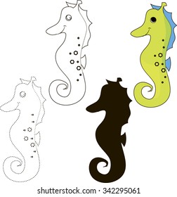 Sea fish seahorse smiling - Baby card with the job. Early child development. The study of logic, foreign language and learning to write