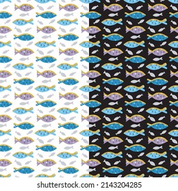 Sea fish seamless pattern. Childish cartoon doodle style, cute colorful web template. Blue marine, lilac color palette illustration. Transparent background. Vector