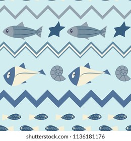 sea fish Seamless pattern with cute cartoon  fish,seashells and starfish.flut style.on a blue background. for fabric textile design, wallpapers,cloth,bags,scrapbook paper.Child drawing style cartoon