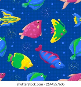 Sea fish seamless pattern. Exotic tropical ocean life, underwater animals. Decorative wildlife print for fabric, textured abstract swanky vector background