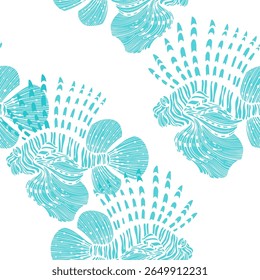 Sea fish. Seamless pattern with lionfish. Colored hand drawn silhouettes on white. Perfect for design templates, wallpaper, wrapping, fabric, print and textile. 