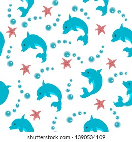 
sea ​​dolphin fish seamless pattern and starfish on a white background for textiles