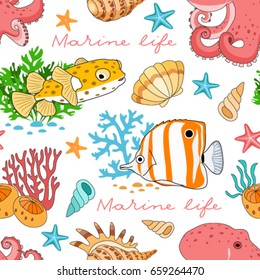 Sea fish seamless pattern. Tropical wallpaper. Underwater baskground