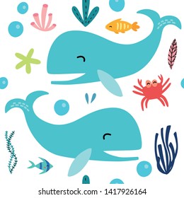 Sea fish seamless pattern, vector design for wrapping paper, textile, background fill design. Whale, turtle, fish, jelly fish, crab, sea star and much more.
