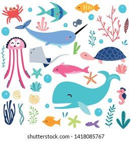 Sea fish seamless pattern, vector design for wrapping paper, textile, background fill design. Whale, turtle, fish, jelly fish, crab, sea star and much more.
