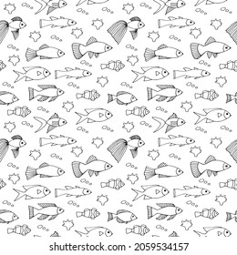 Sea fish seamless pattern vector illustration, hand drawing doodles