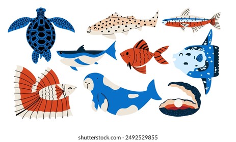 Sea fish set. Cute marine characters with turtle, shark, sunfish, pearl, goldfish, tetras, betta. 