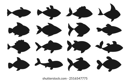 Sea fish silhouette cartoon set. Abstract shape marine fish kids naive drawn art. Tuna salmon or aquarium fishes simple figure. Flat ocean design isolated vector illustration on a white background